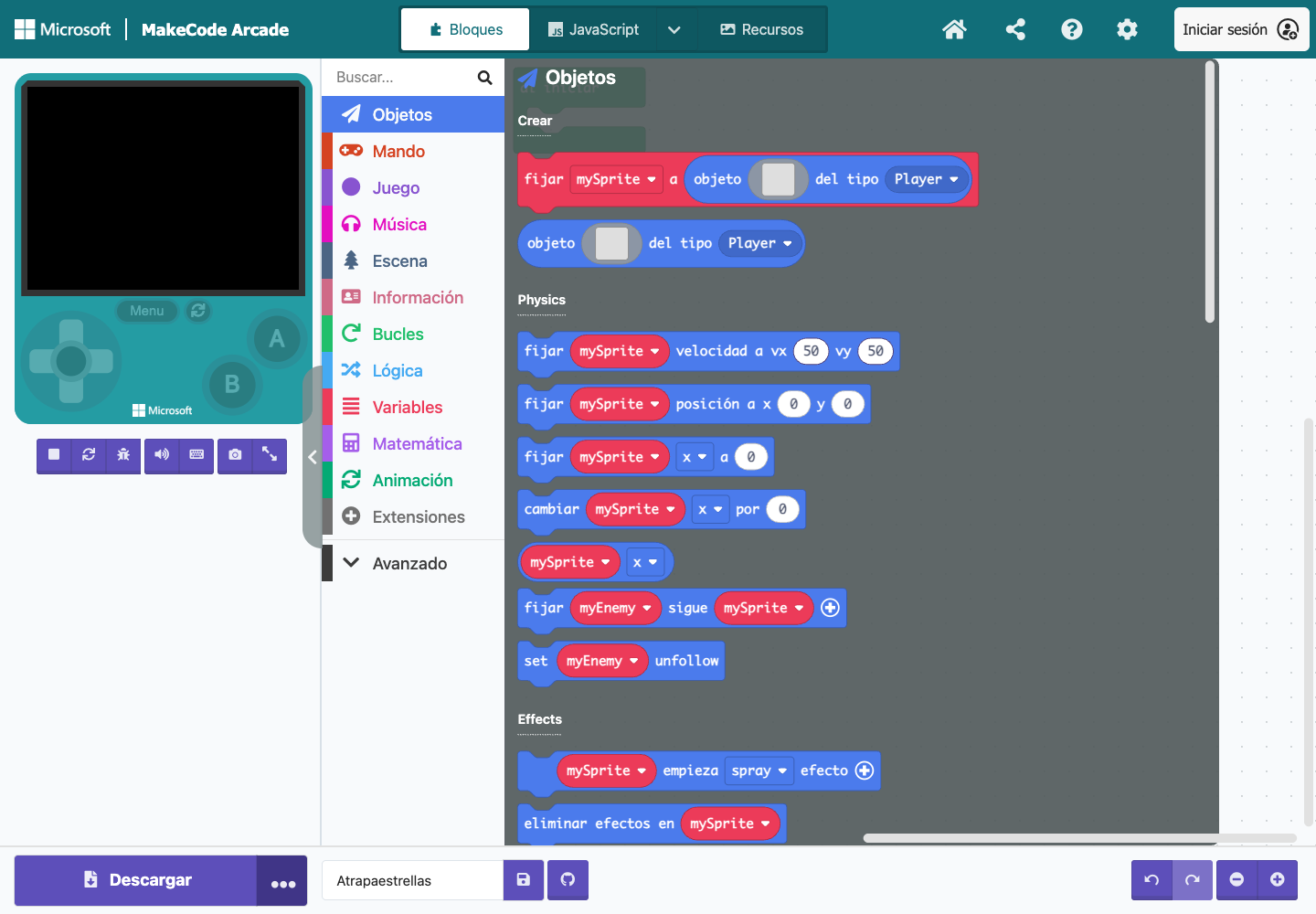 Captura real del editor con la categoría Objetos abierta, el bloque de creación de personajes y el bloque al iniciar.