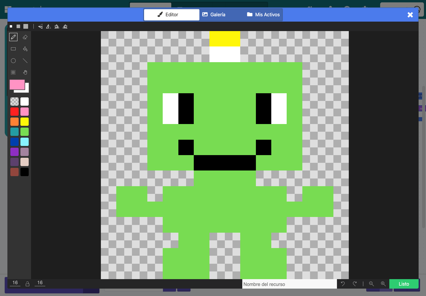 Captura real del editor de imágenes de Microsoft MakeCode Arcade con un robot de 16 por 16 píxeles, paleta de colores y botón Listo.
