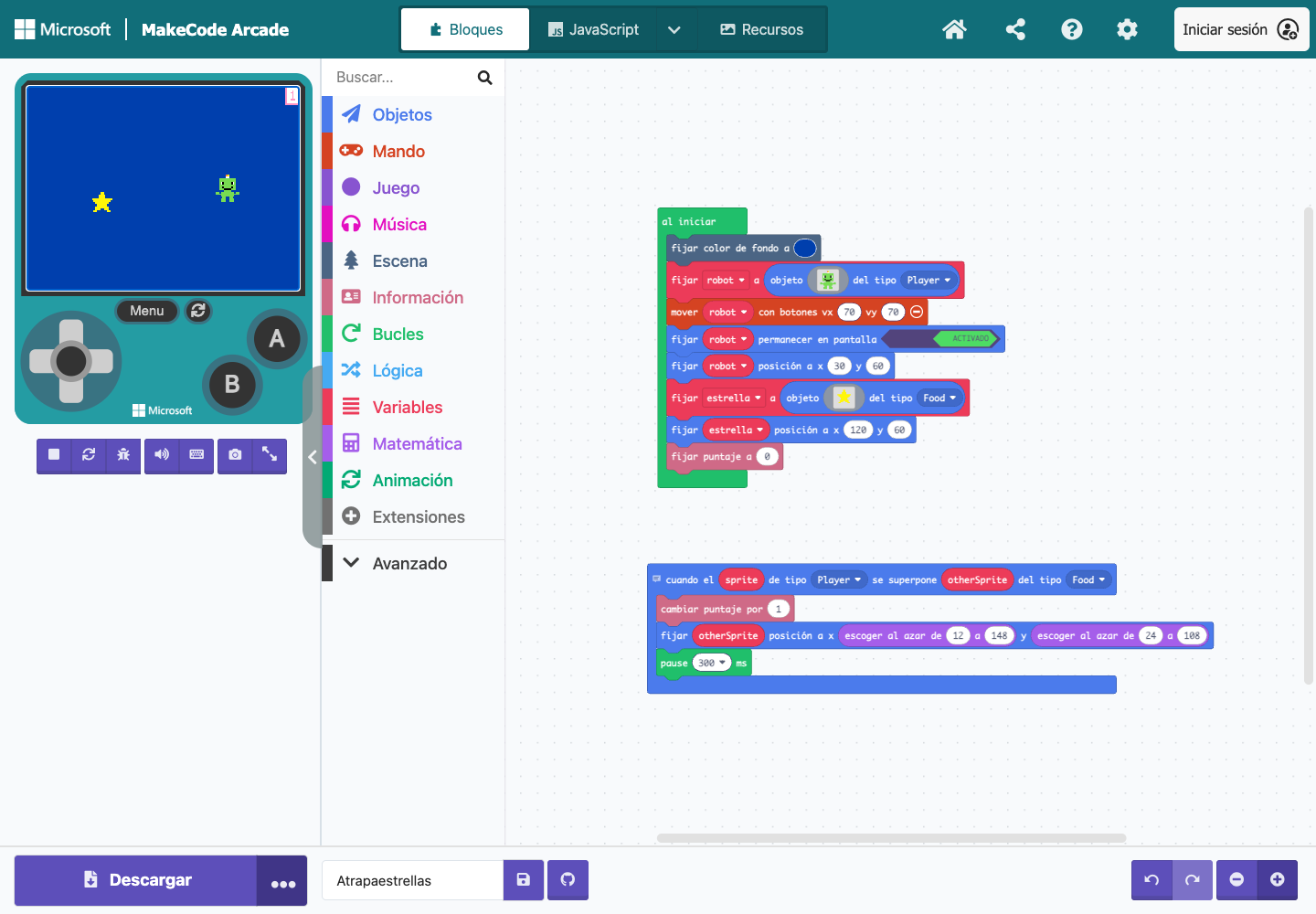 Captura real de Microsoft MakeCode Arcade con el robot, la estrella y el marcador después de recoger una estrella.