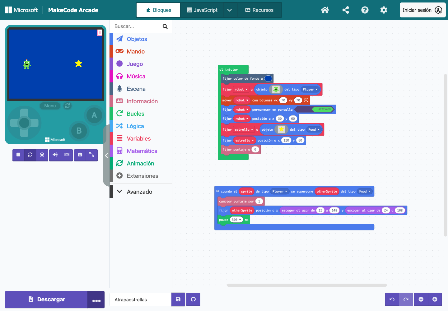 Captura real del proyecto recuperado desde el PNG en una sesión nueva de Microsoft MakeCode Arcade.