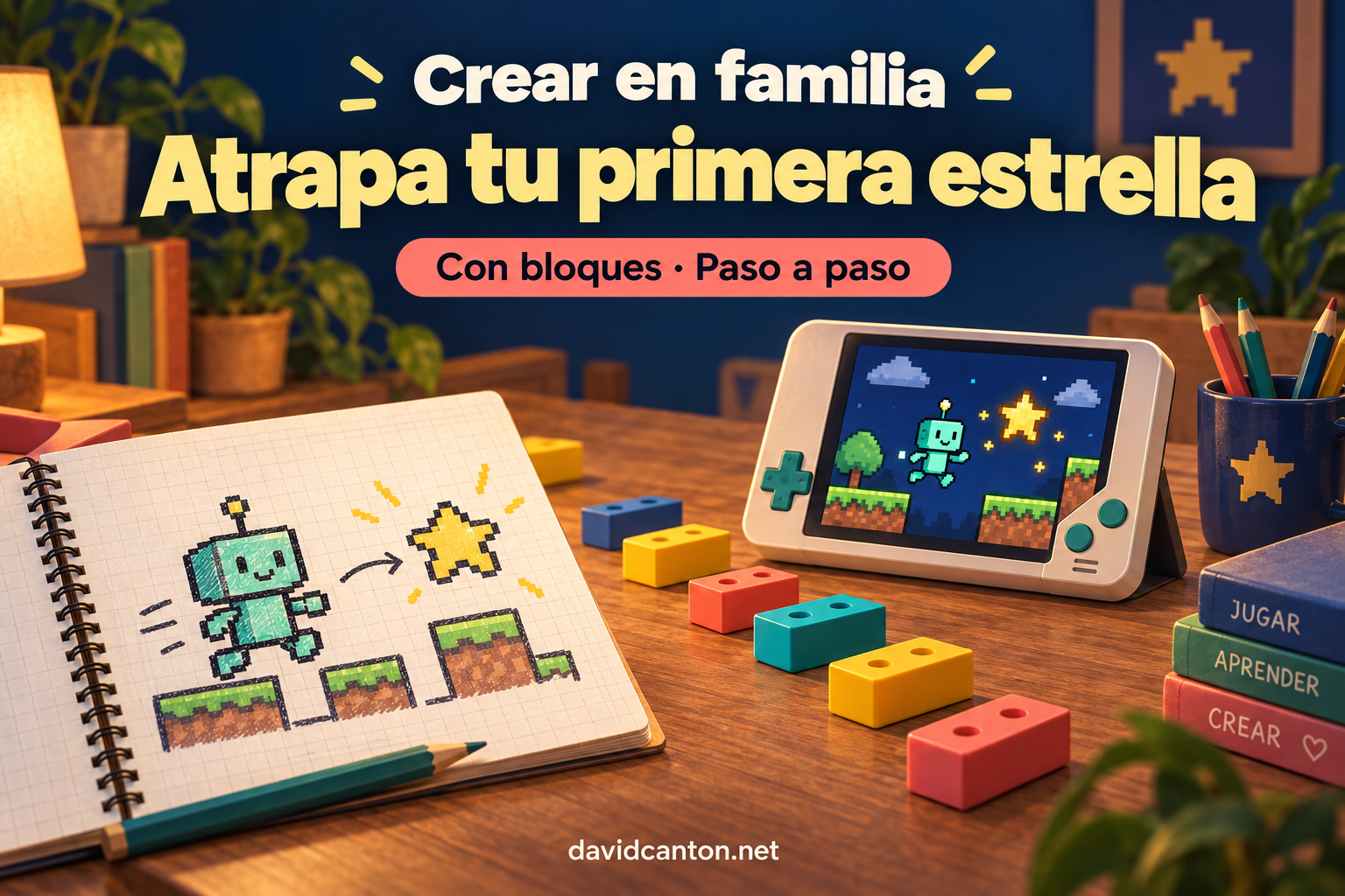 Portada ilustrada de Crear en familia: atrapa tu primera estrella con MakeCode Arcade