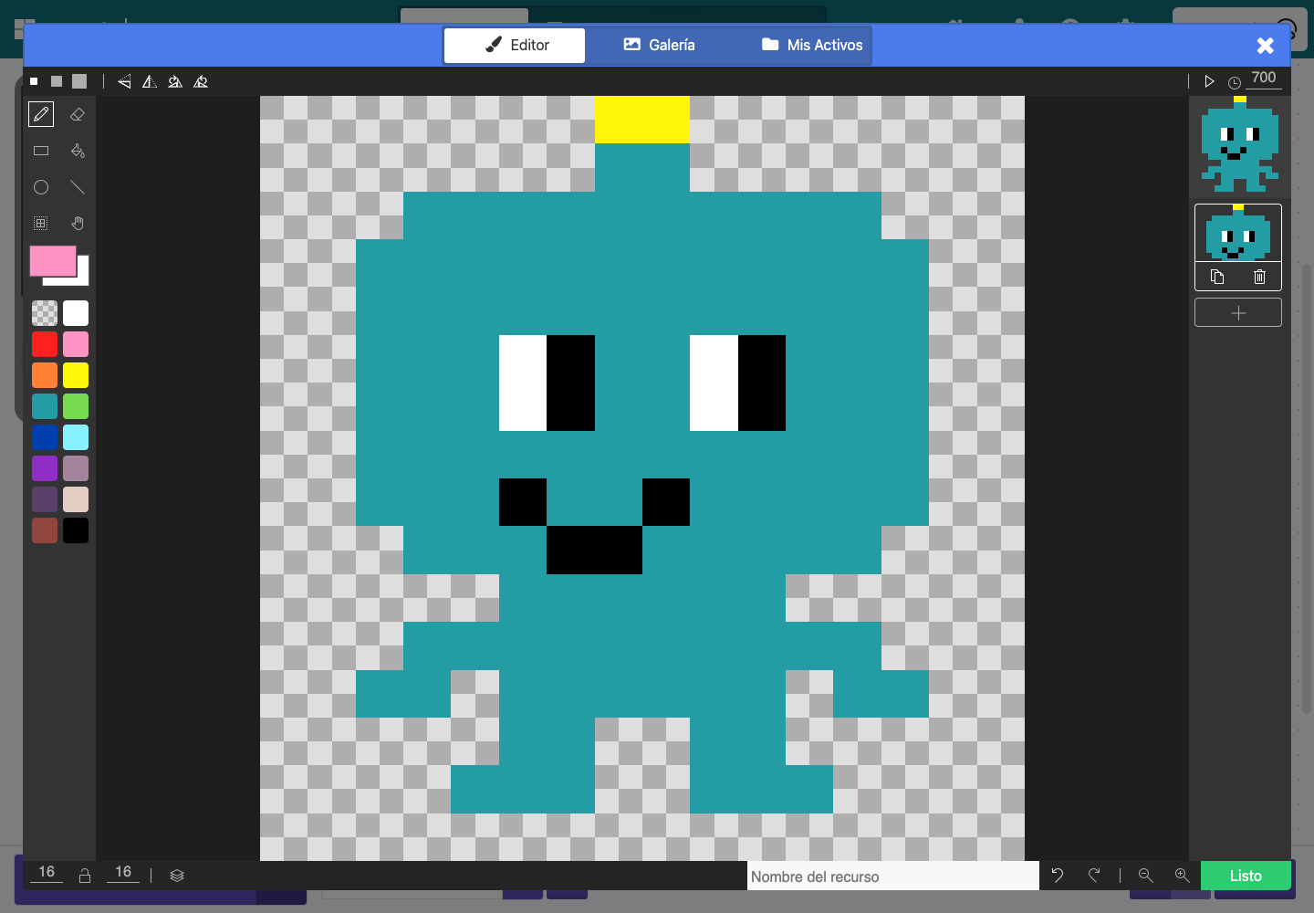 Captura real del editor de animaciones con un único fotograma del robot con los ojos abiertos.