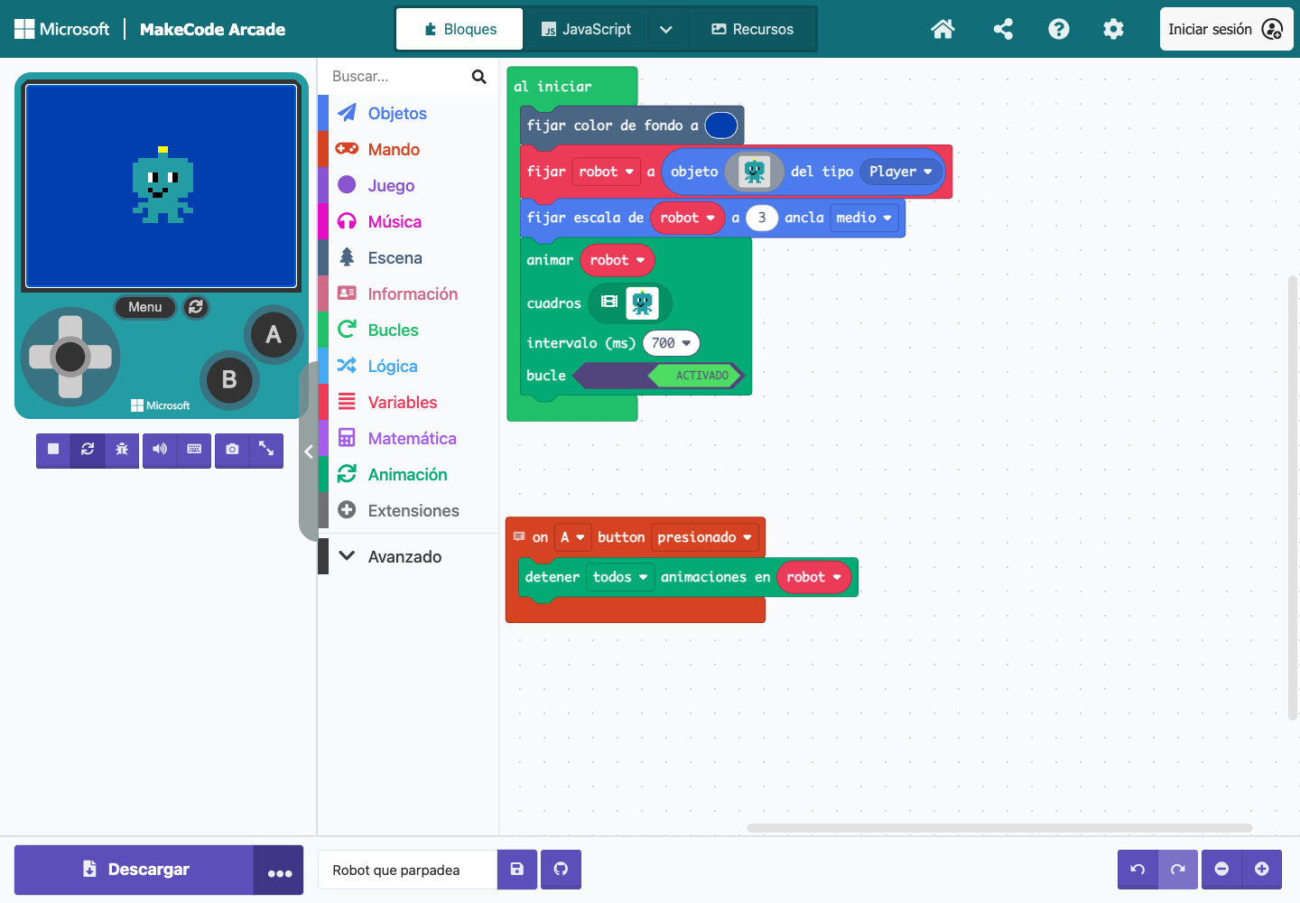 Captura real del robot en el simulador de Microsoft MakeCode Arcade y de los bloques que animan sus dos fotogramas y permiten detenerlos con A.