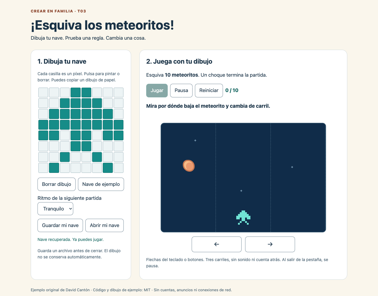 Captura real del juego con la nave dibujada, un meteorito en movimiento y los controles de partida.
