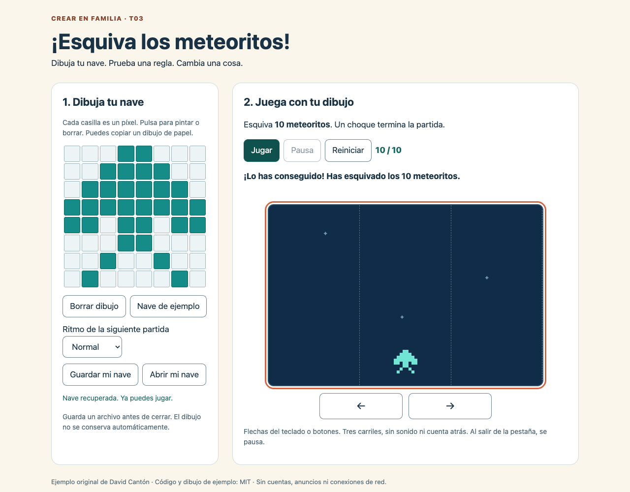 Captura real de una partida terminada con diez meteoritos esquivados y el mensaje de victoria.