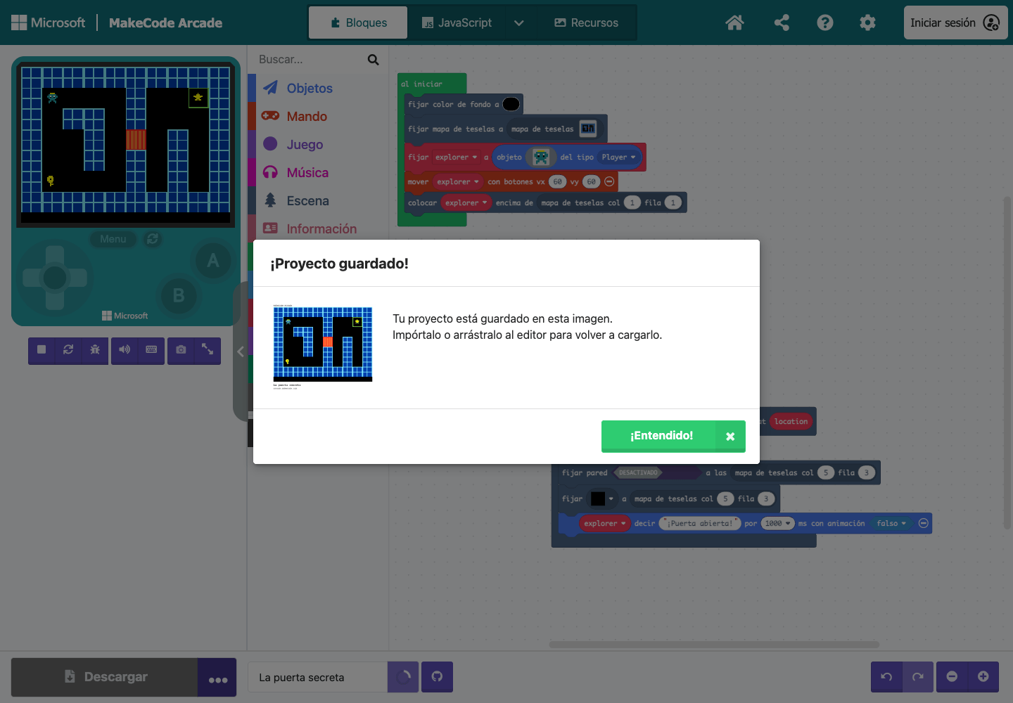 Captura real del aviso de MakeCode tras guardar el laberinto como proyecto PNG recuperable.