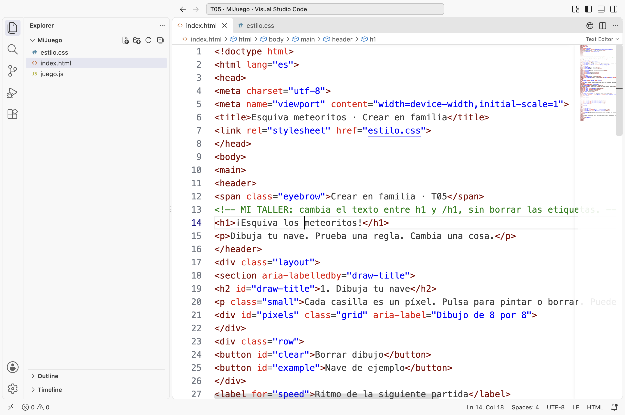 Captura real de Visual Studio Code con la carpeta MiJuego y sus tres archivos.
