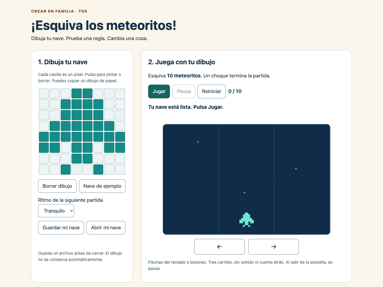 Captura real del punto de partida, con el título Esquiva los meteoritos y el fondo crema.