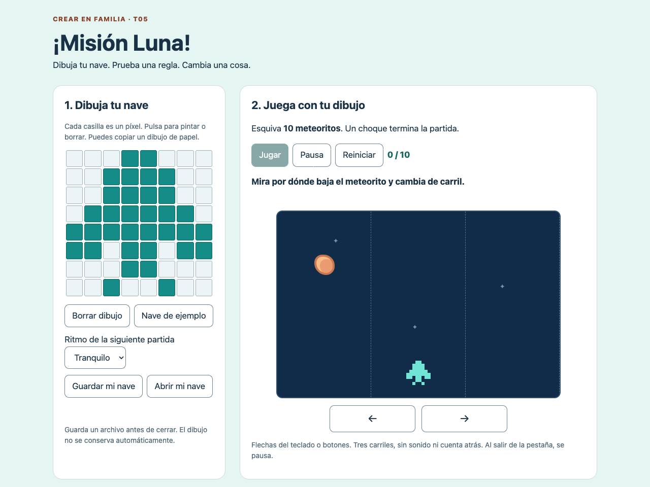 Captura real del juego con el título Misión Luna, fondo verde claro y una partida en marcha.