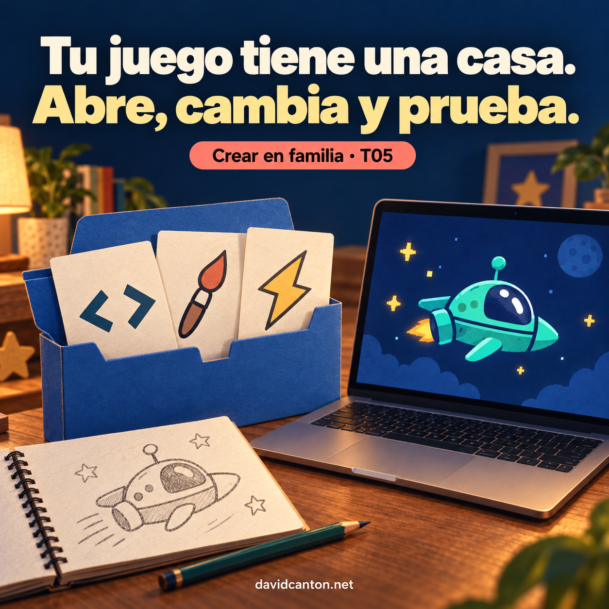 Portada ilustrada de Crear en familia: tu juego tiene una casa, abre sus archivos sin miedo