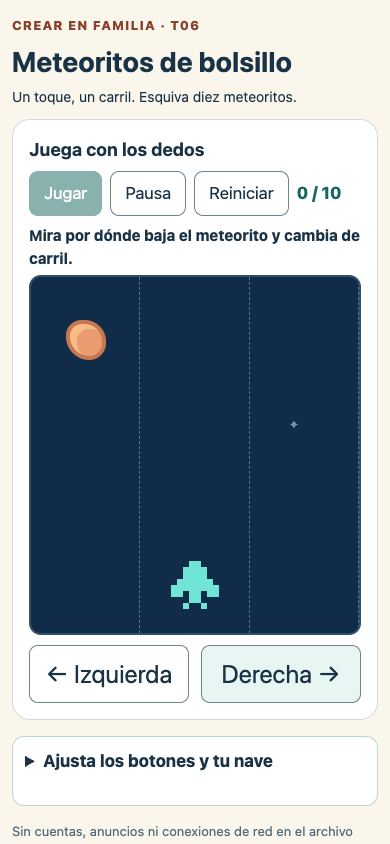 Captura real de una partida tras pulsaciones táctiles emuladas, con la nave en el centro y un meteorito bajando.