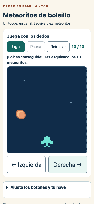 Captura real del resultado de victoria, con diez meteoritos esquivados y el mensaje final.