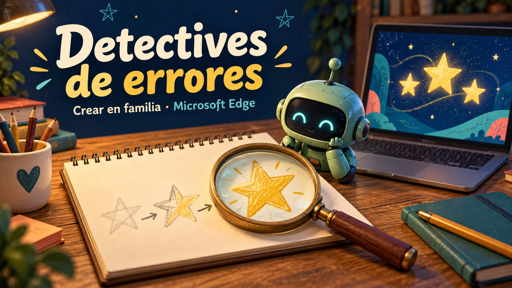 Portada ilustrada de Crear en familia: detectives de errores con Microsoft Edge