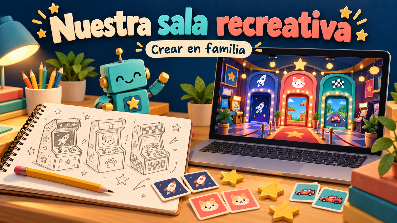 Portada ilustrada de Crear en familia: vuestra pequeña sala recreativa, con tres puertas para jugar