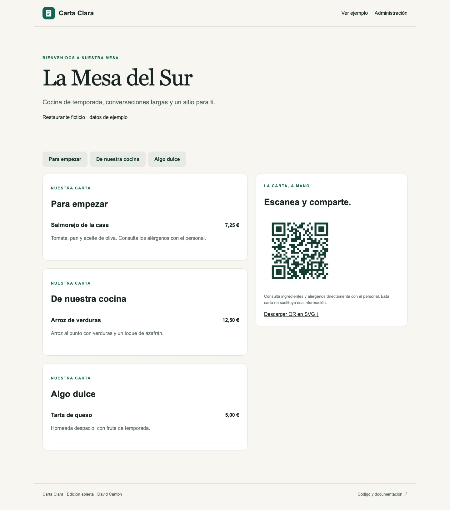 Carta pública real con platos de ejemplo y el QR generado por la aplicación