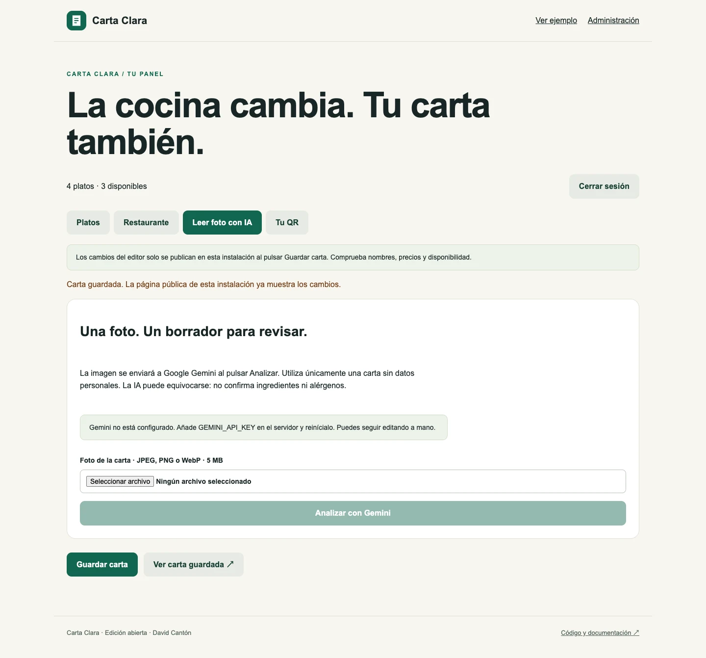 Pantalla real que indica que Gemini no está configurado y permite seleccionar una foto sin enviarla