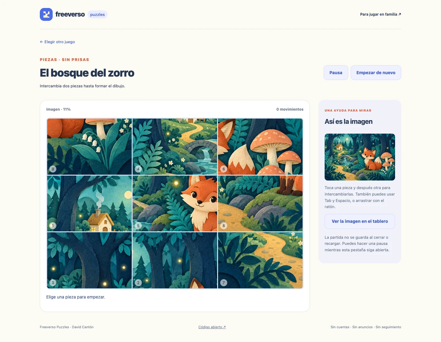 Tablero real de piezas con la imagen del bosque mezclada y la referencia a su lado