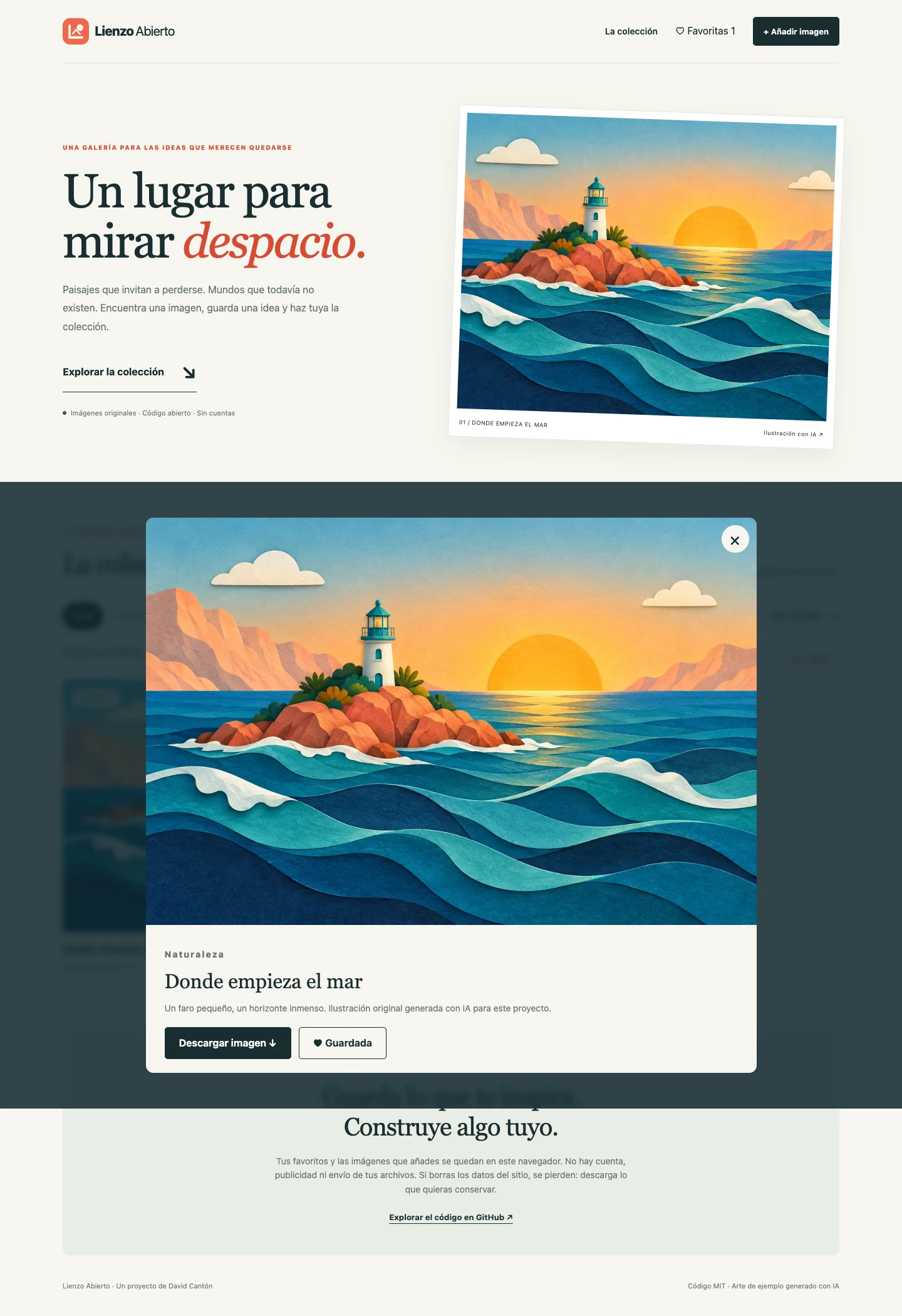 Vista ampliada del faro, con botones para descargar y guardar como favorita