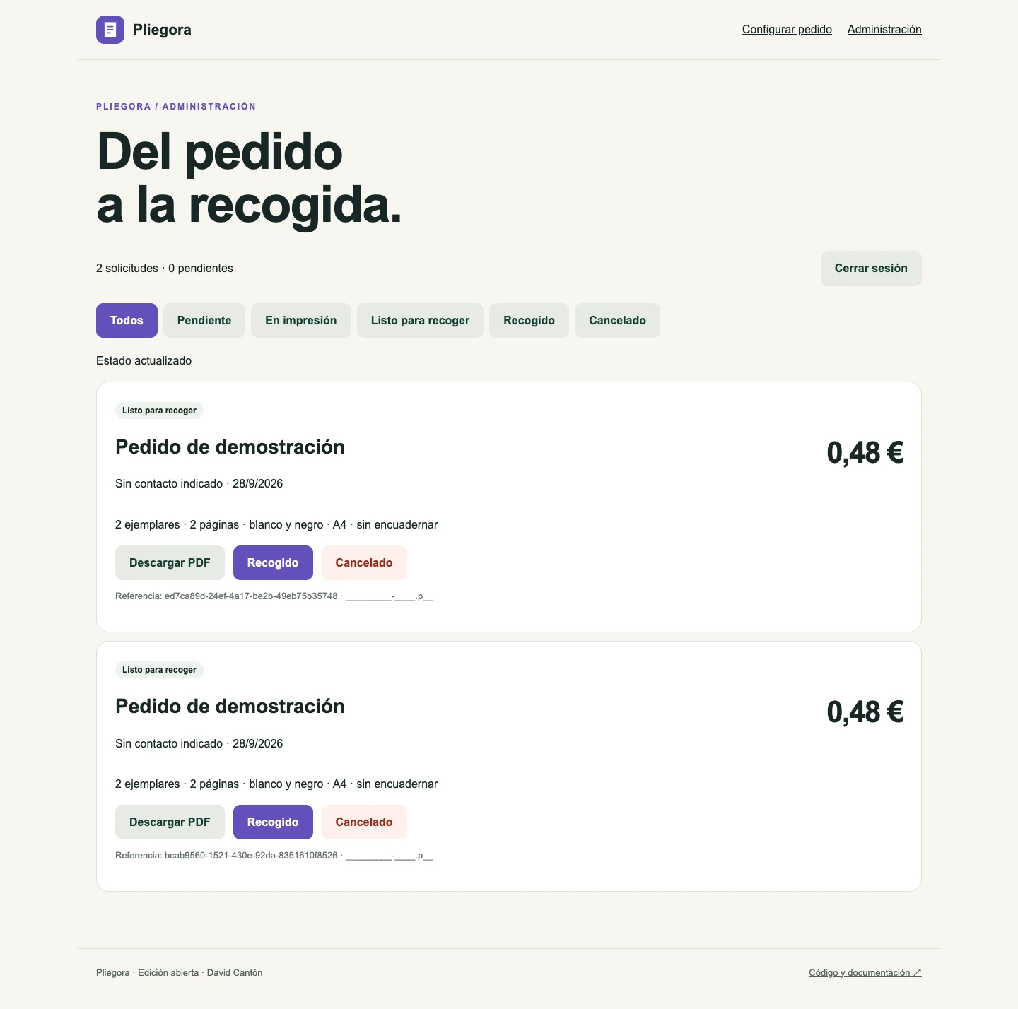Panel real de administración con un pedido de demostración y sus acciones