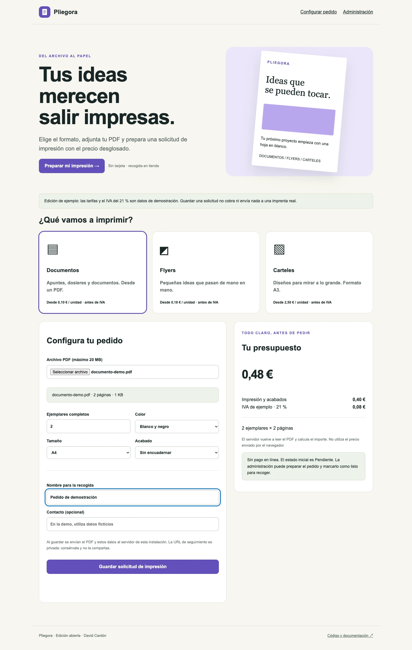 Configurador real con un PDF de dos páginas y el presupuesto desglosado