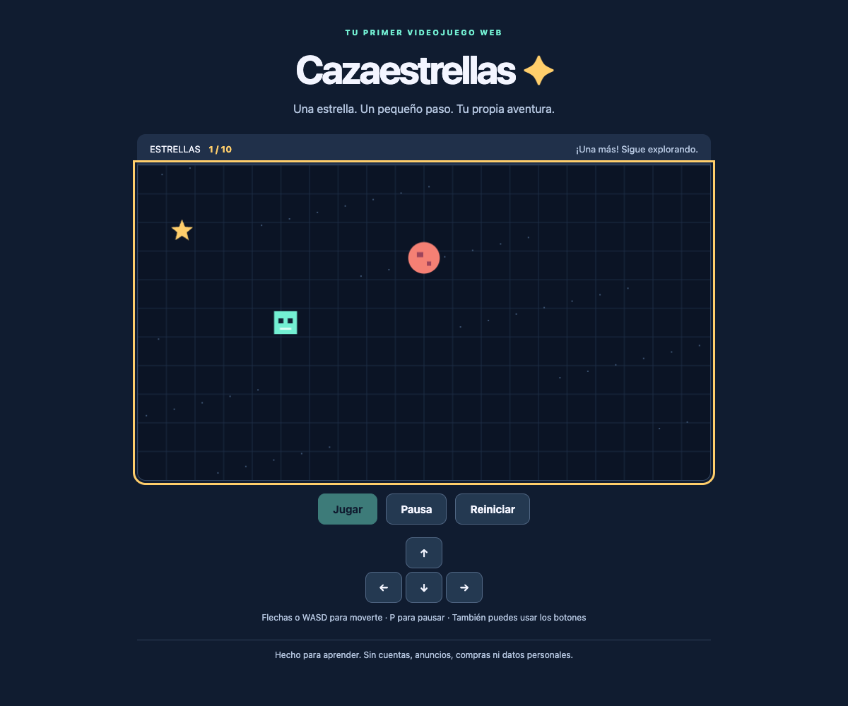 Captura real del juego descargable Cazaestrellas con robot, estrella, meteorito y botones.