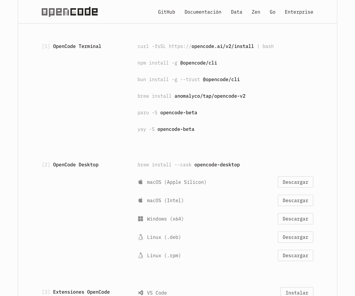Captura de la página oficial de descarga: la sección OpenCode Desktop contiene los instaladores de Mac, Windows y Linux.