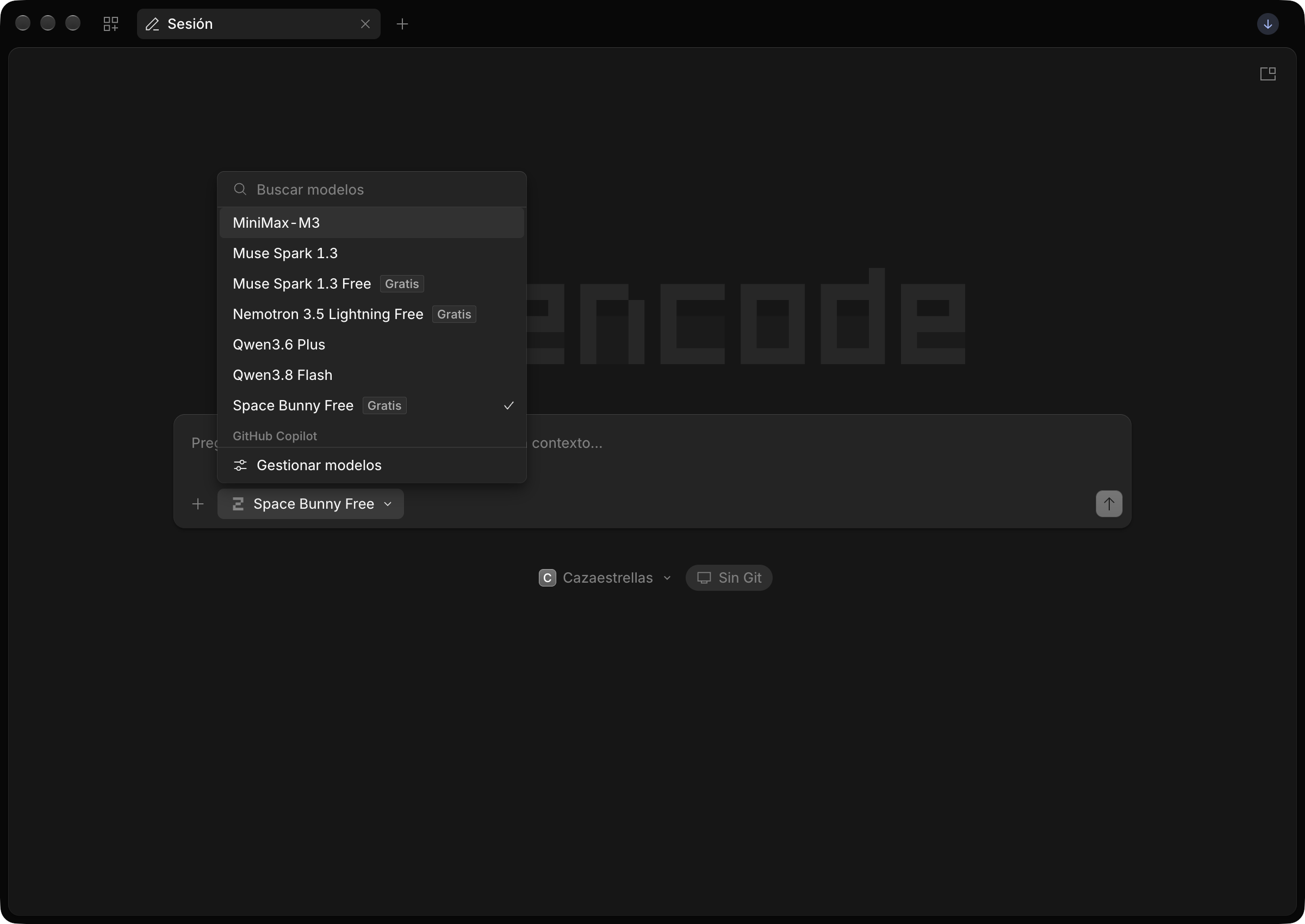 Captura real del selector de OpenCode: menú abierto, búsqueda de modelos y varias opciones con la etiqueta Gratis.
