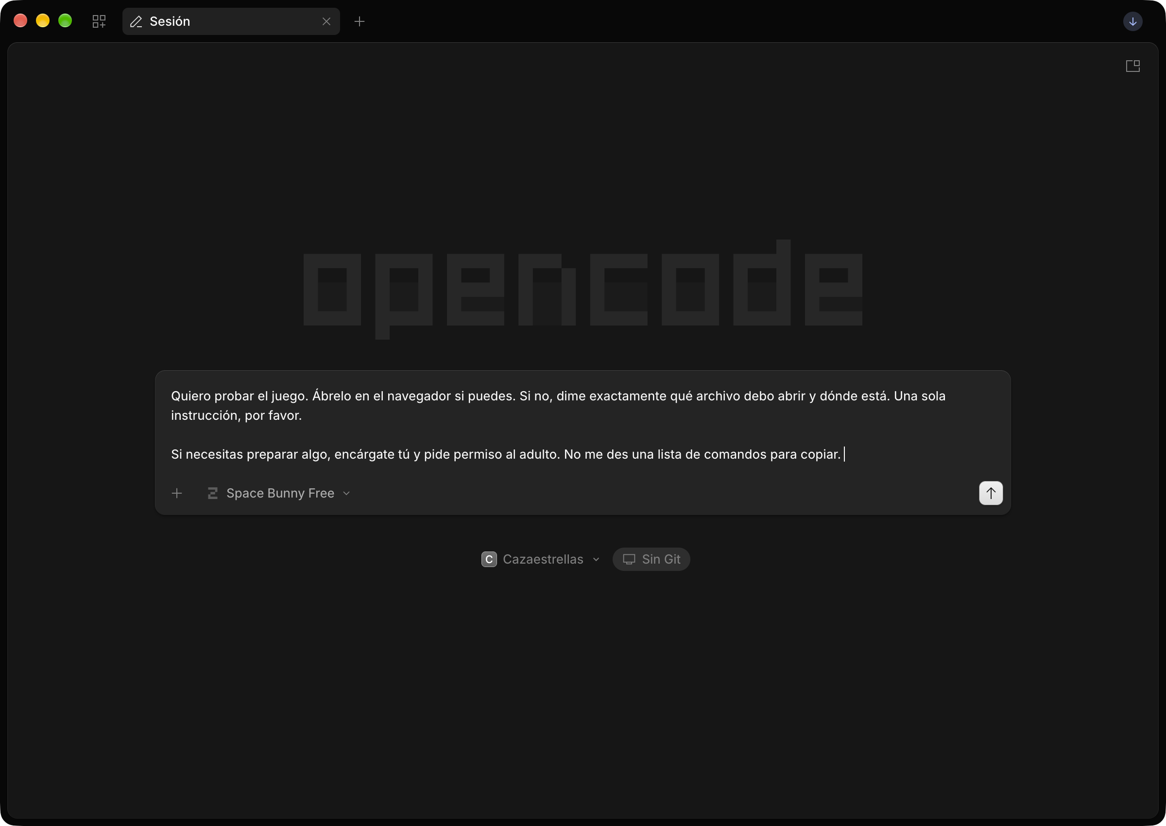 Captura real de otro mensaje preparado en OpenCode: pedir que abra el juego o indique qué archivo abrir, sin una lista de comandos.
