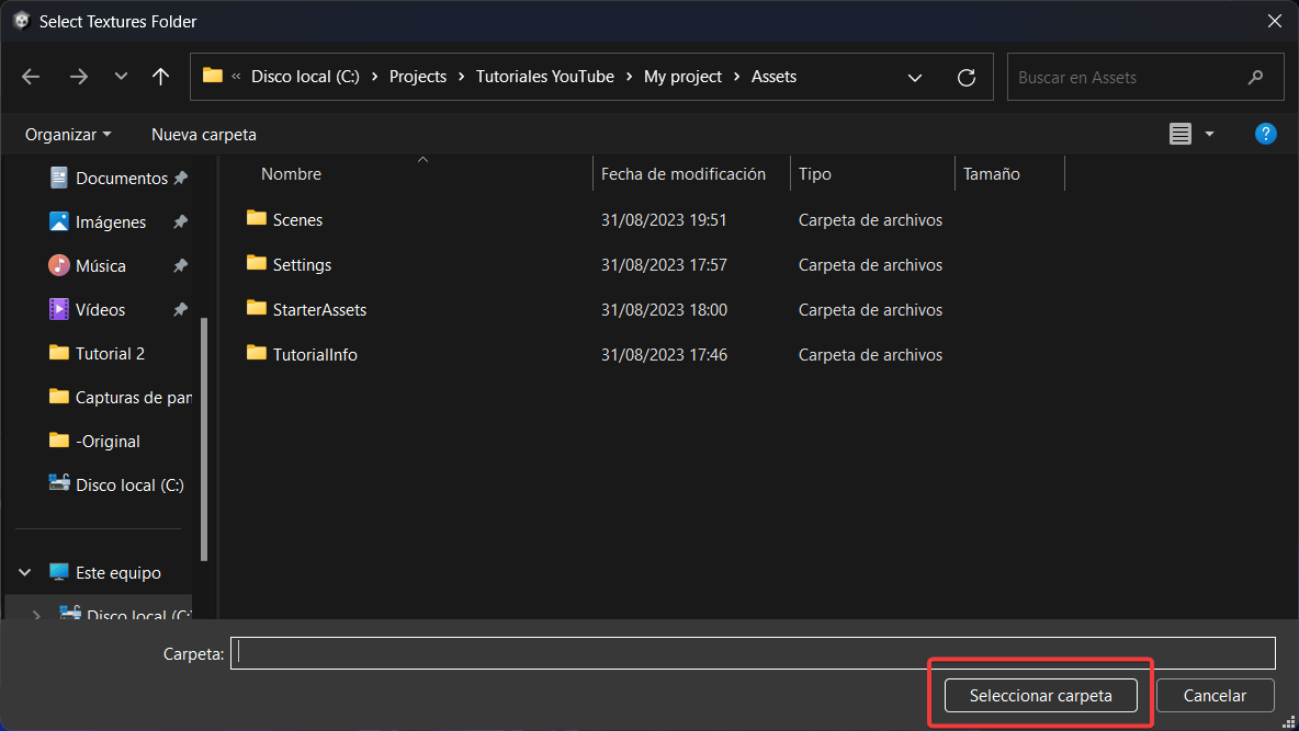modal de seleccion de carpeta de destino en unity
