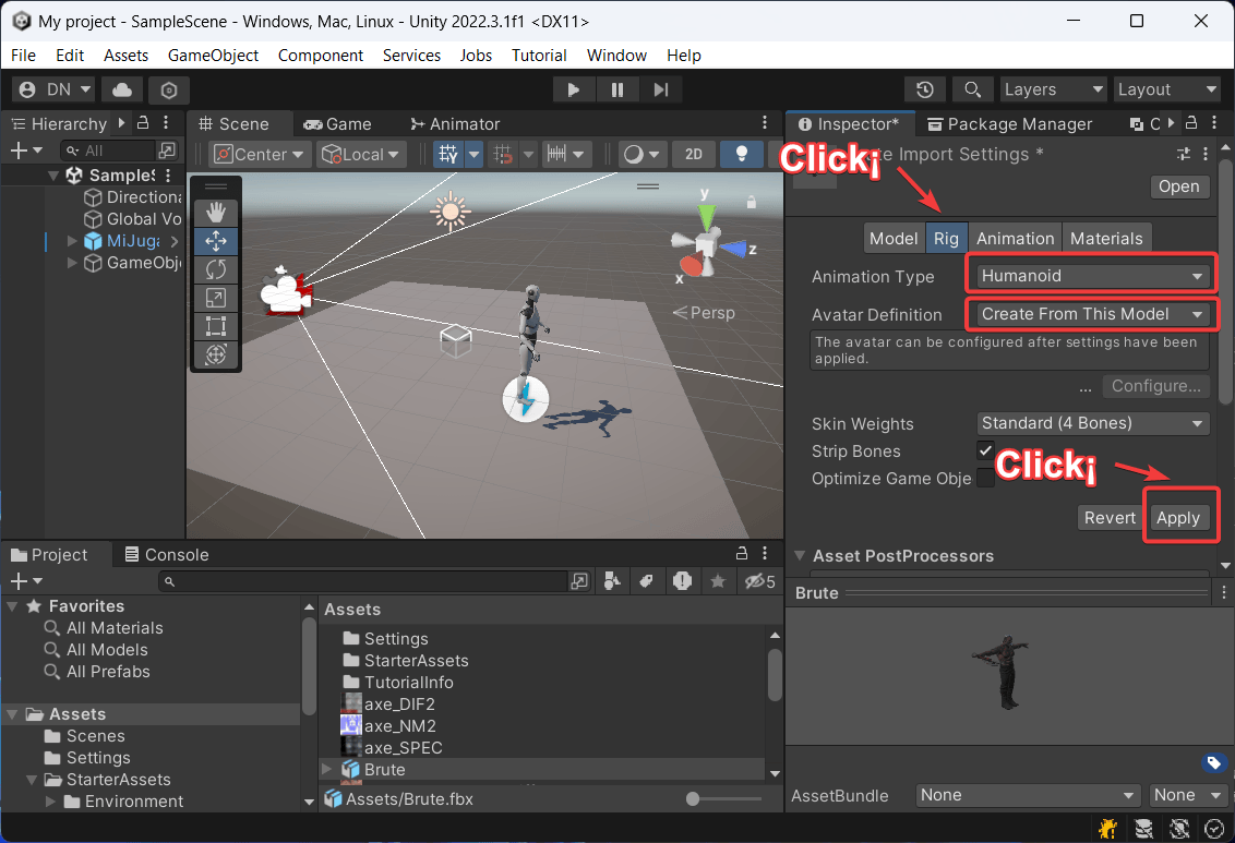 configuracion de rig en un personaje de mixamo.com