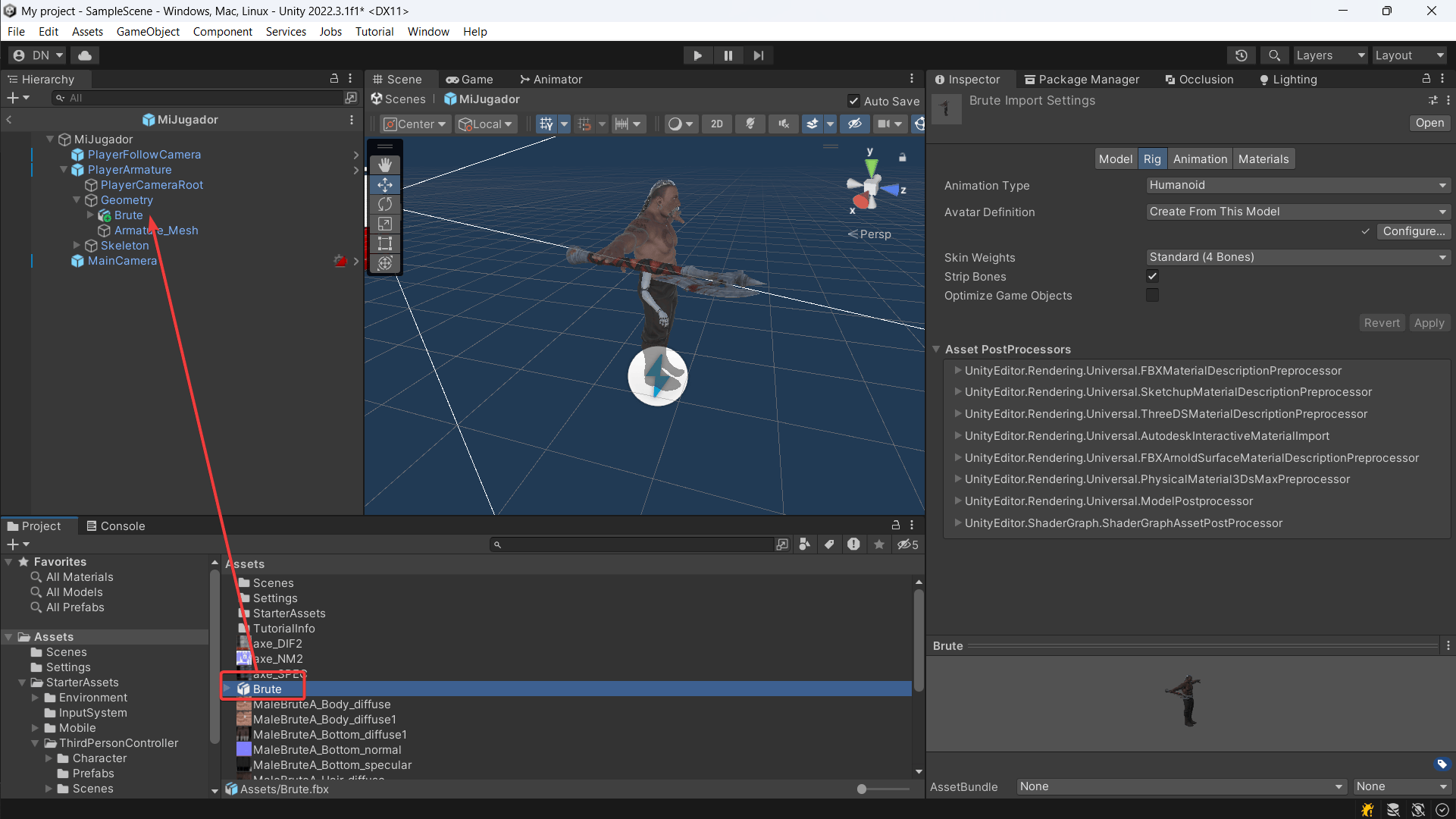 arrastrando prefab del personaje mixamo a panel de herarquia unity