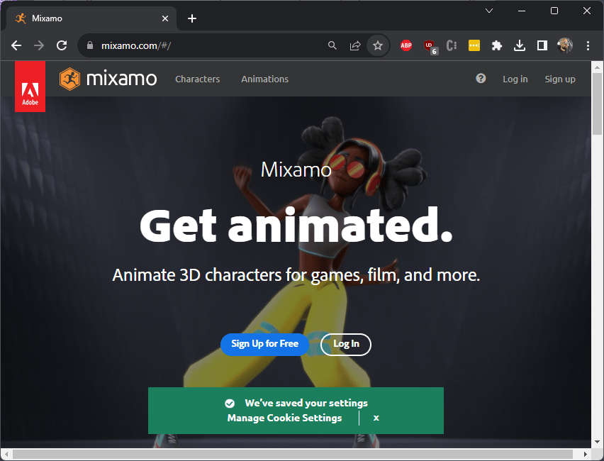 pagina de inicio de mixamo.com