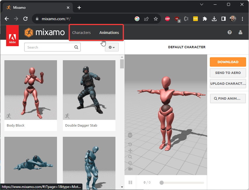 dashboard de mixamo con menus de characters y animations