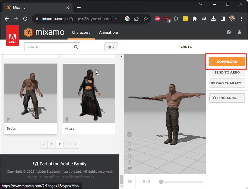boton descargar personaje 3d de mixamo