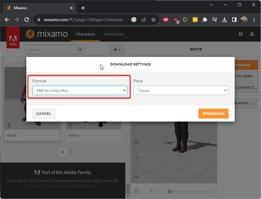 ventana de confirmacion de descarga de personaje de mixamo.com