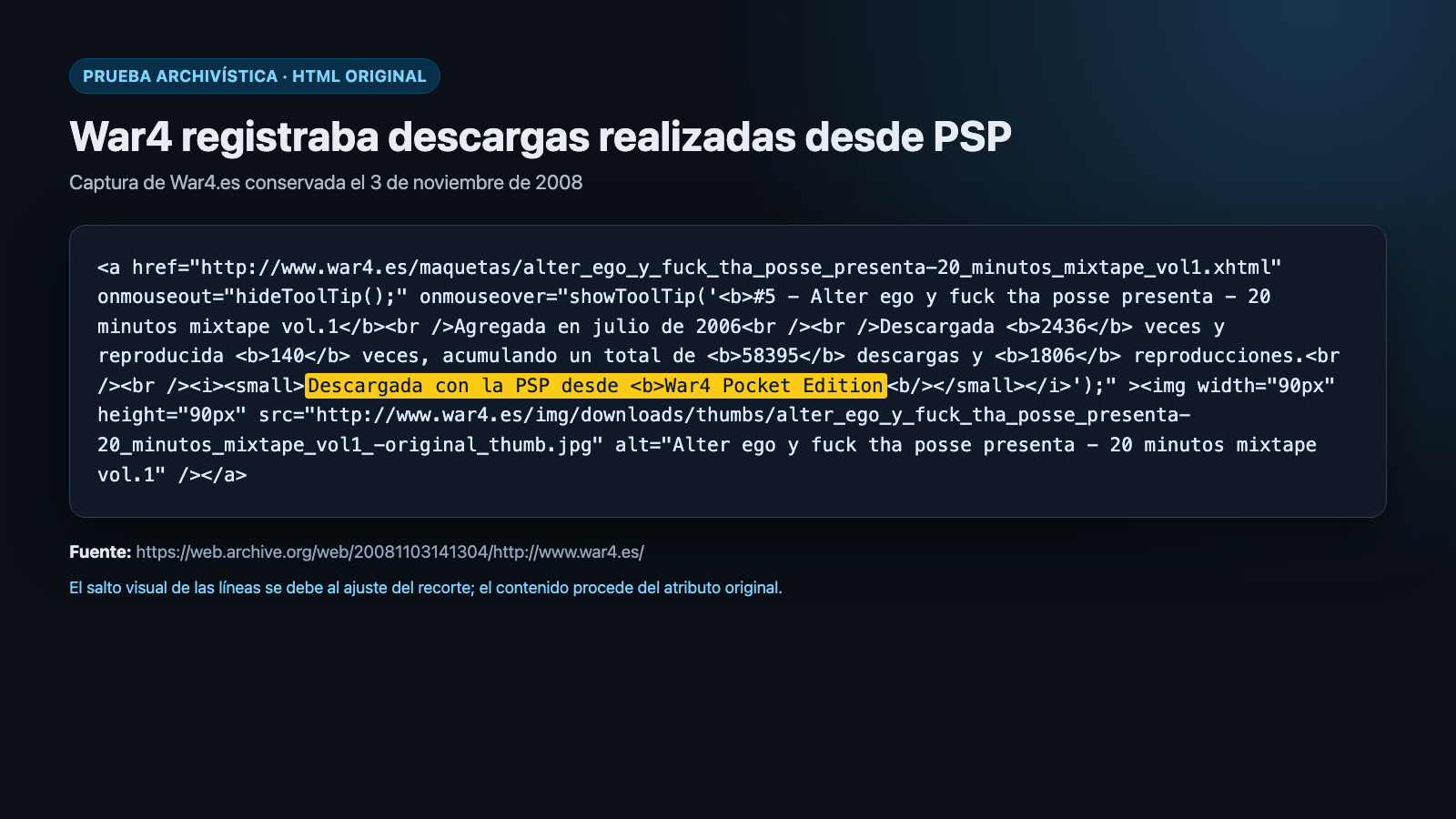 Código archivado de War4.es con el mensaje Descargada con la PSP desde War4 Pocket Edition