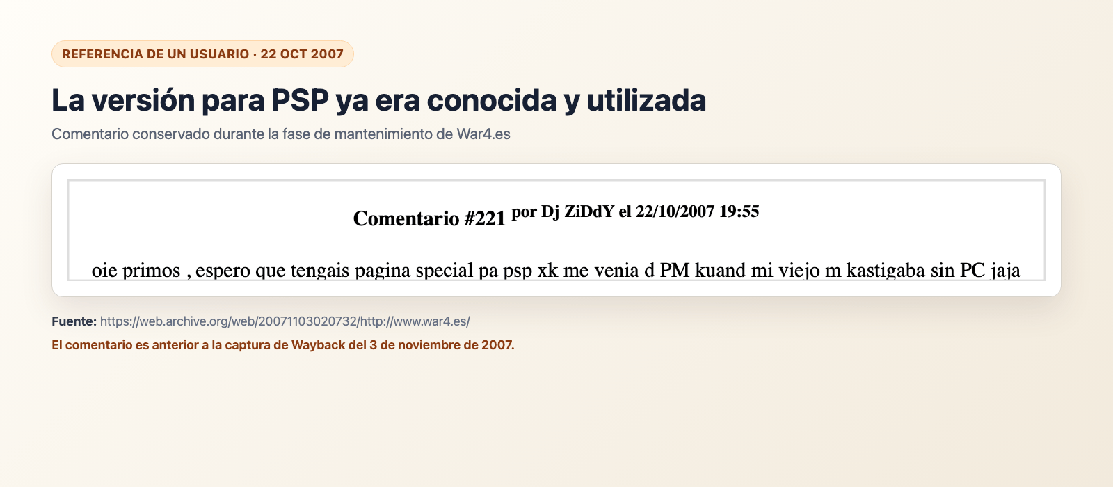 Comentario de 2007 en War4.es sobre la página especial para PSP